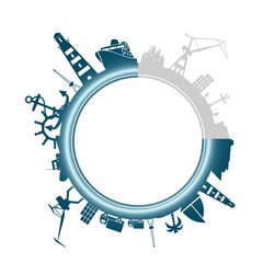 Circle with sea shipping and travel relative silhouettes. Objects located around the circle. Industrial design background. Progress or loading bar