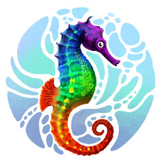 Rainbow colored seahorse fish. Digital illustration
