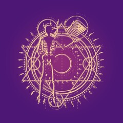 Mystery, witchcraft, occult and alchemy tattoo sign. Mystical vintage gothic geometry thin lines symbol with silhouette of a human skeleton. Grunge style illustration