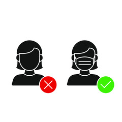 Female wear and without facemask. Warning sign for use mask area. Face mask area and Mask Required. Woman, mask, face, icon, coronavirus. Vector illustration. Design on white background. EPS10