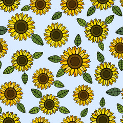 Sunflower illustration black outline over light skyblue background seamless pattern.