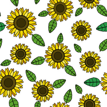 Yellow sunflower black outline cartoon illustration seamless pattern	
