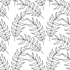 Leaves of tropical plants. Seamless vector pattern. Black and white outline drawing. Print for notebook covers, packaging, wrapping paper.