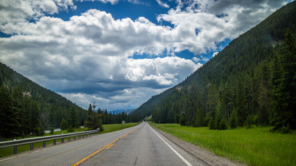 A long way down the road of Yellowstone National Park, Wyoming