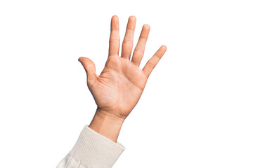 Naklejka premium Hand of caucasian young man showing fingers over isolated white background counting number 5 showing five fingers