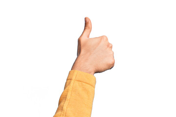 Hand of caucasian young man showing fingers over isolated white background doing successful approval gesture with thumbs up, validation and positive symbol