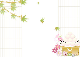 お月見団子ににコスモスと障子と紅葉のイラスト背景素材