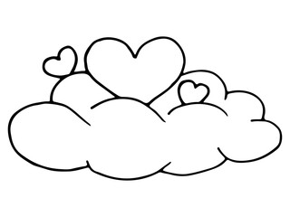 There are three hearts in the clouds.  One heart is big in the center.  the other two hearts are spread farther and on the sides.  Outline drawing.  Doodle style.