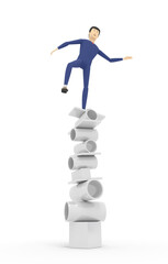 A man is trying to keep equilibrium on the top of wobbling tower of round metal cylinders and plates. White background. 3d illustration