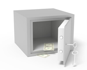 An empty safe with few dollar banknotes and an open door. Isolated on white background. 3d illustration