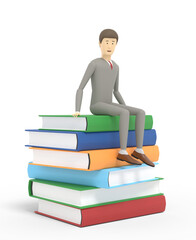 A man is sitting on the top of a ream of books. Isolated on white background. 3d illustration