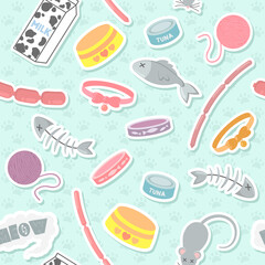Seamless vector pattern with colorful cat objects bowls, fish bones, toys, pet food on cat paws background. Cat lover design for print, fabric, card, wallpaper, packaging