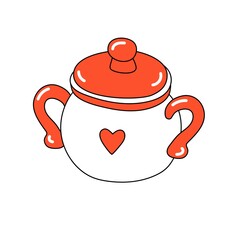 Red-white pan with handles and a lid, with a red heart.