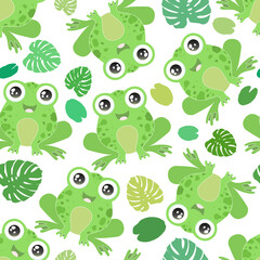 Seamless vector pattern with cute green frogs on white background. Design for print, fabric, wallpaper, card, baby shower