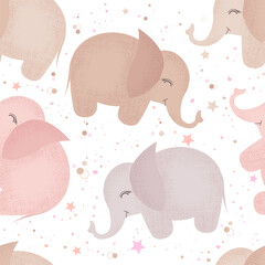 Modèle vectorielle continue avec de mignons éléphants dessinés à la main sur fond blanc. Conception pour impression, tissu, papier peint, carte, baby shower