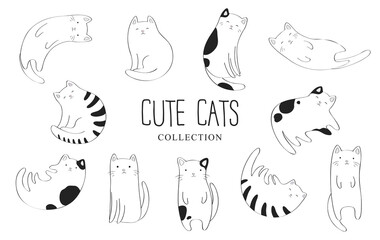 Fototapeta premium Vector collection of black and white cute cartoon hand drawn cats isolated on white background