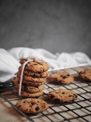 Baked chocolate cookies cooling on a rack