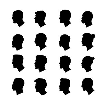 Set of illustrations of european and asian and also afro-american nationality male profiles. Vector black silhouette portraits of men. Avatars on white background.