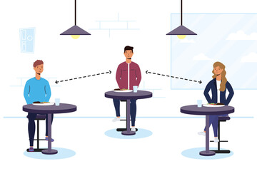 diversity people dinning in restaurant practicing social distancing ,covid19 prevention method
