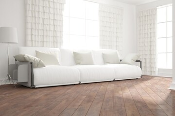 modern room with sofa,pillows,lamp and curtains interior design. 3D illustration