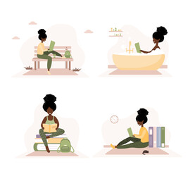 Books lovers. African reading women holding books. Preparing for examination or certification. Knowledge and education library concept, literature readers. Set of vector illustration in flat style.