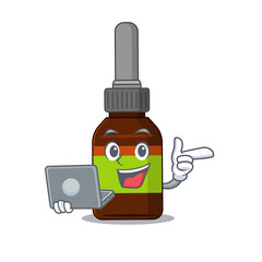A neat cartoon character of liquid bottle l working at home during pandemic