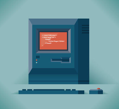 Vintage computer with HTML programming source code application program on screen. Concepts: programs development, languages: Javascript, Python, Swift, PHP, C++, Go, Perl, Kotlin, operating systems