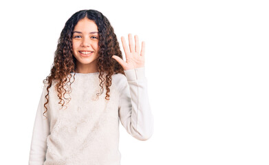 Beautiful kid girl with curly hair wearing casual clothes showing and pointing up with fingers number five while smiling confident and happy.