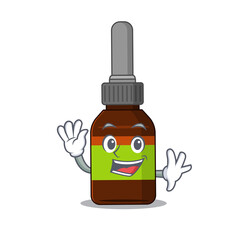 A charismatic liquid bottle mascot design concept smiling and waving hand