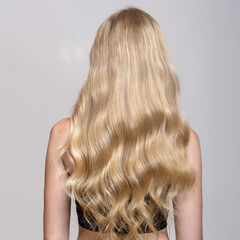 blonde hair from behind. natural blond wavy hair - obrazy, fototapety, plakaty