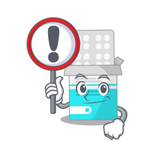 A cartoon icon of medical medicine bottle with a exclamation sign board