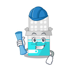 Caricature design concept of medical medicine bottle Architect with new city landscape blue prints