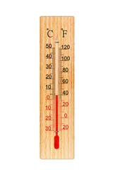 Wooden thermometer isolated on white background. Thermometer shows air temperature plus 4 degrees celsius 