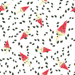 Seamless pattern with watermelon seeds and ice cream. Bright, colorful, juicy summer texture.