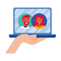Woman and man avatar on laptop in video chat vector design