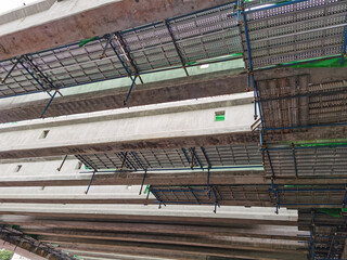 Architecture construction of elevator, escalator stairs and sky walk way, walk bridge between sky train station and department store mall