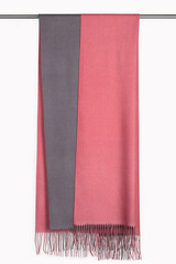  Cashmere two-tone scarf, stole with fringe on hanger.