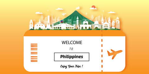 Naklejka premium Philippines Travel postcard, poster, tour advertising of world famous landmarks. Vectors illustrations