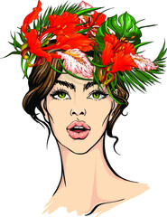 Vector illustration : young brunette woman with green eyes wearing the tropical flowers wreath. Hand drawn face. Isolated on white element for beauty , fashion , summer design.