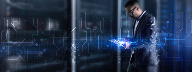 Fototapeta premium Communication and engineering concept. Abstract circuit board futuristic technology processing background.