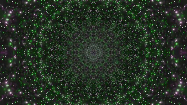 Motion graphics of moving through space with tiny green dots in circular motion emitting from central core. Computerized animation, VJ loops.