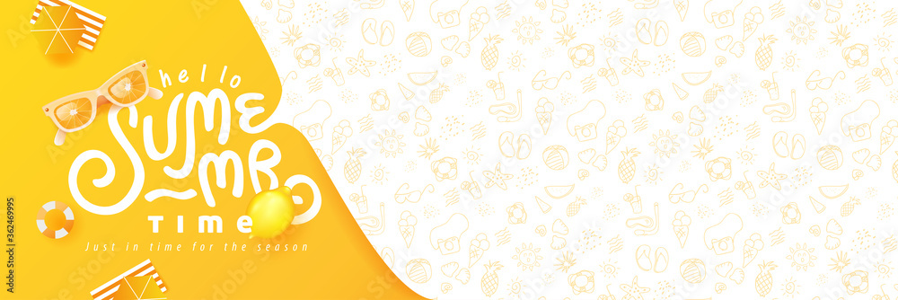 Wall mural summer banner design with beach accessories on the yellow background and copy space.