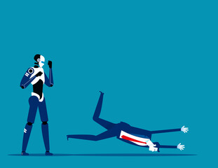 Artificial intelligence vs. Human employee. Boxing gloves hits a human. Flat cartoon vector illustration