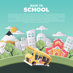 Paper art of school bus running out from city to school, back to school concept, vector art and illustration.