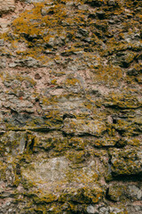 An old medieval stone wall, grass and moss on it. Wallpaper, natural background, copy space, soft focus.