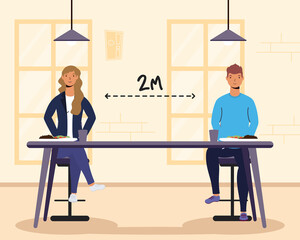 Obraz premium young couple dinning in restaurant practicing social distancing ,covid19 prevention method