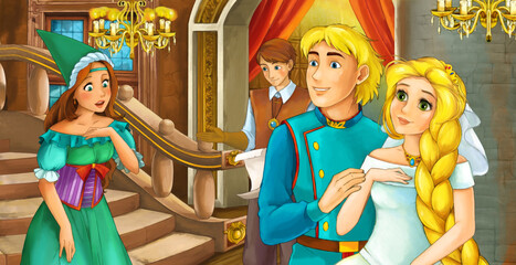Obraz na płótnie Canvas cartoon scene with prince and princess married couple in the castle room illustration