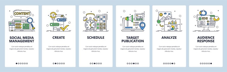 Social media management. Mobile app onboarding screens, vector website banner template