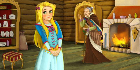 cartoon scene with young princess and the witch in the farm house illustration