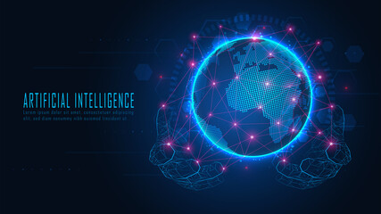 Futuristic Globe with connection network glowing on the hand of Ai robot suitable for future technology artwork 